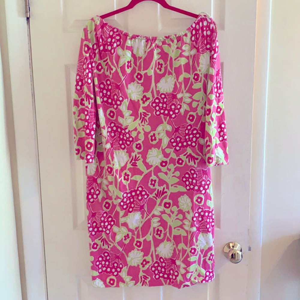 Lilly Pulitzer pink and green floral dress.